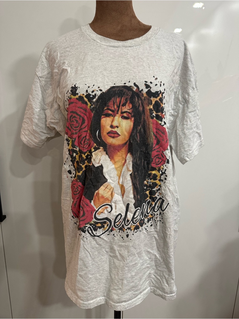Gildan White Selena Graphic Short Sleeve Tee with Red Rose Accents